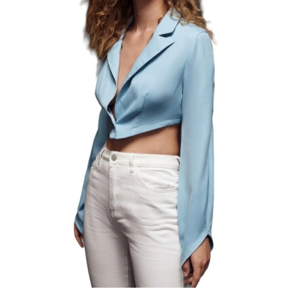 New With Tags Light Blue Crop Flare Sleeve Single Button Jacket Shien X Size L - Picture 2 of 11